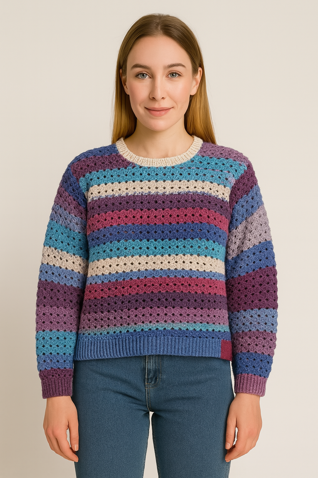 Pull en crochet rayé multicolore – Fait main