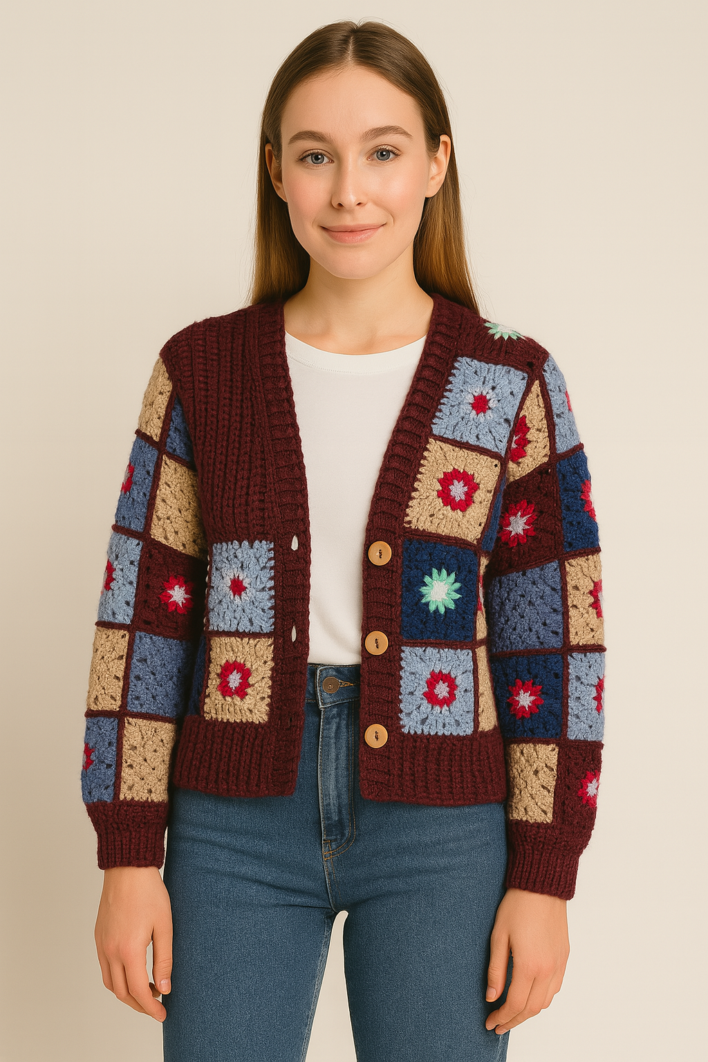 Cardigan en crochet bordeaux à carrés colorés – Fait main