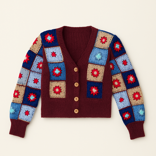 Cardigan en crochet bordeaux à carrés colorés – Fait main
