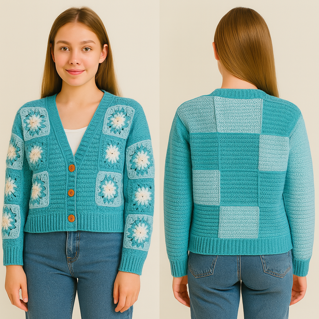 Cardigan en crochet turquoise à fleurs – Fait main