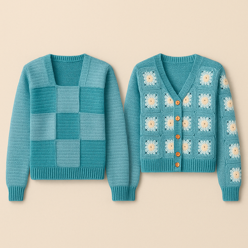 Cardigan en crochet turquoise à fleurs – Fait main