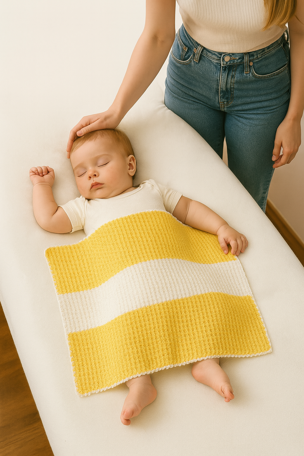 Couverture bébé en crochet – Rayures jaunes et blanches, fait main