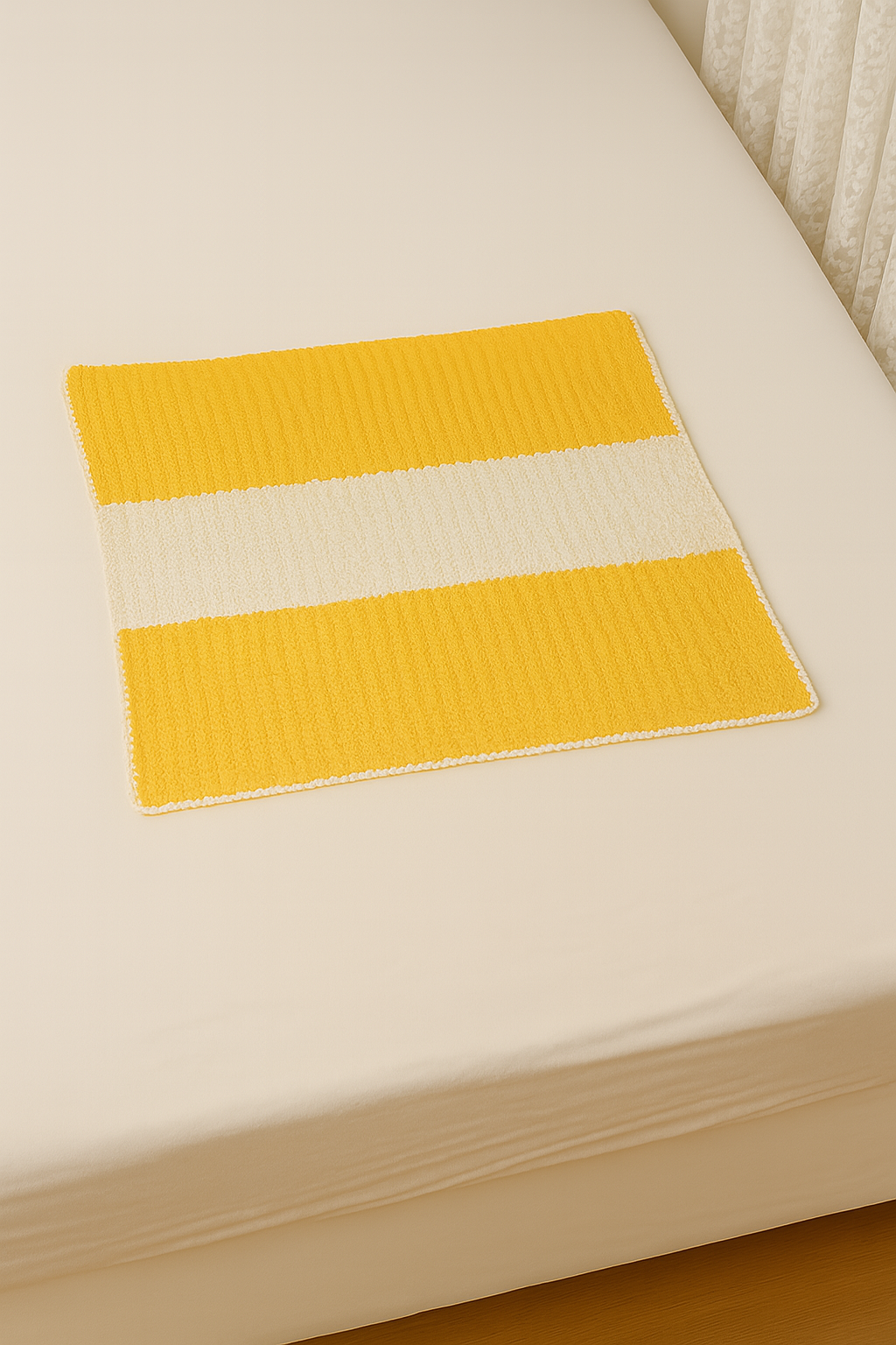 Couverture bébé en crochet – Rayures jaunes et blanches, fait main