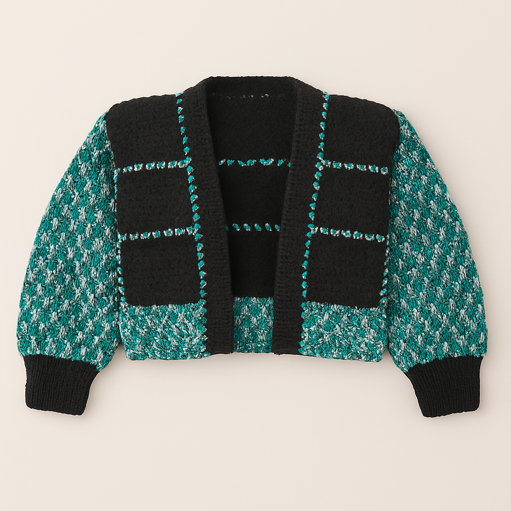 Cardigan court en crochet vert et noir – Fait main