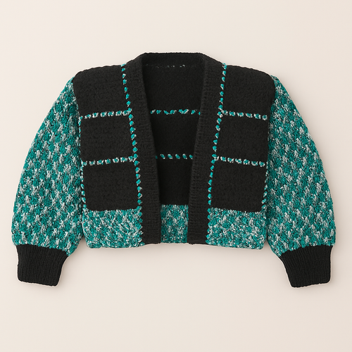 Cardigan court en crochet vert et noir – Fait main