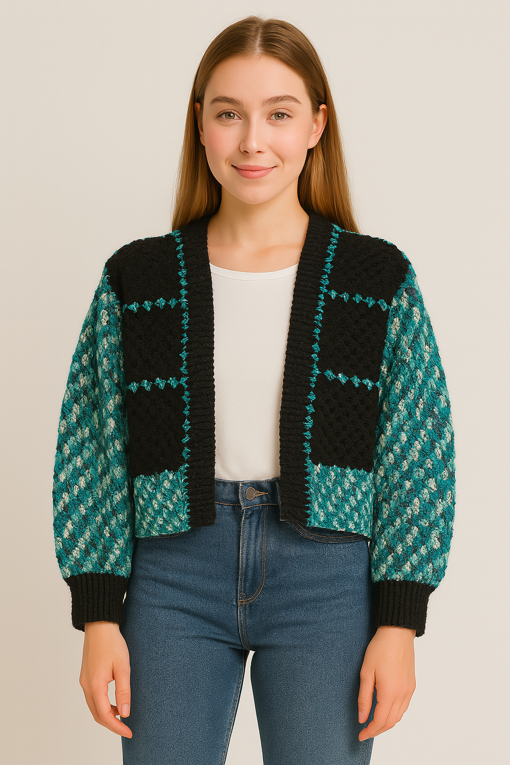 Cardigan court en crochet vert et noir – Fait main