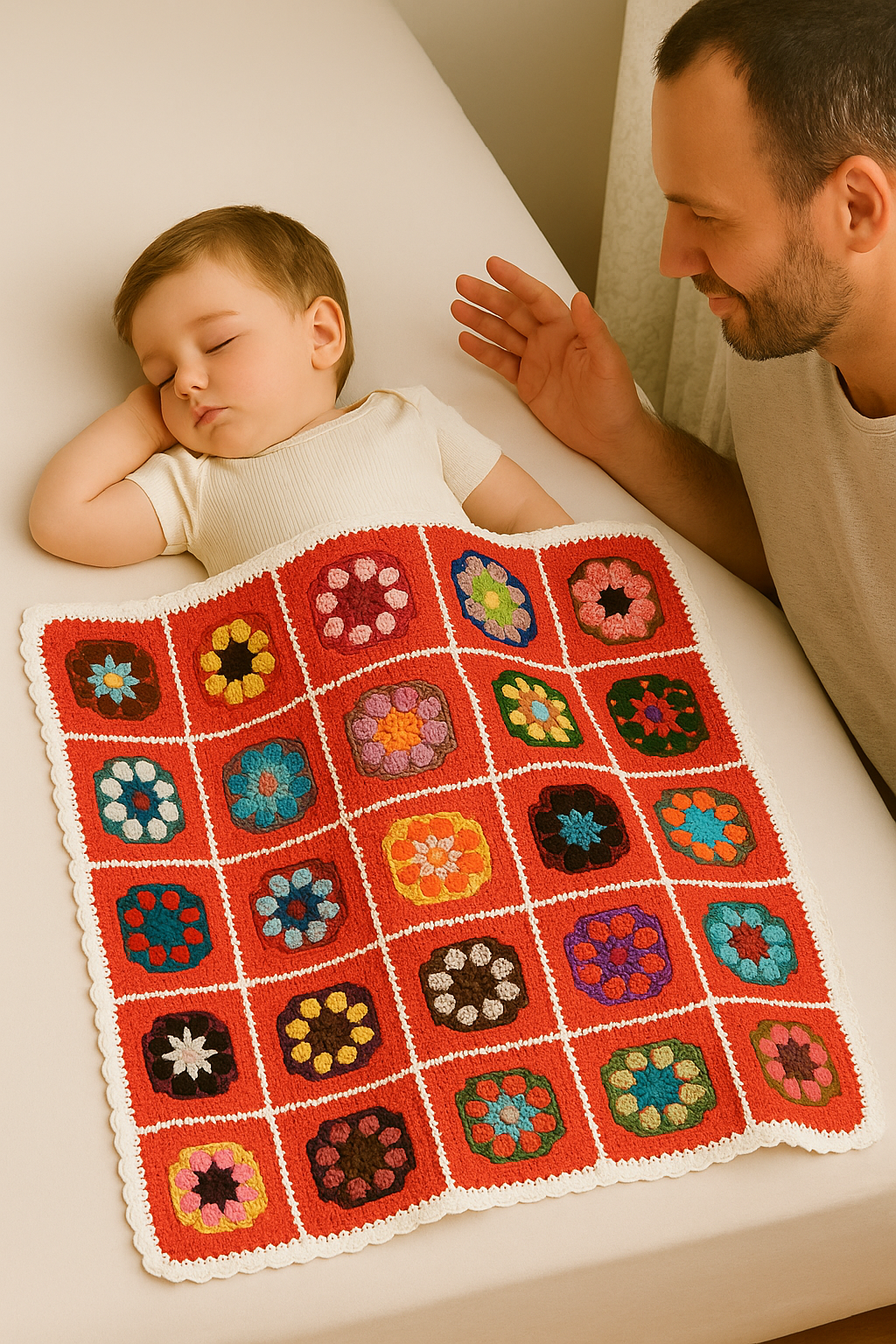 Couverture bébé en crochet – Rouge à motifs floraux multicolores