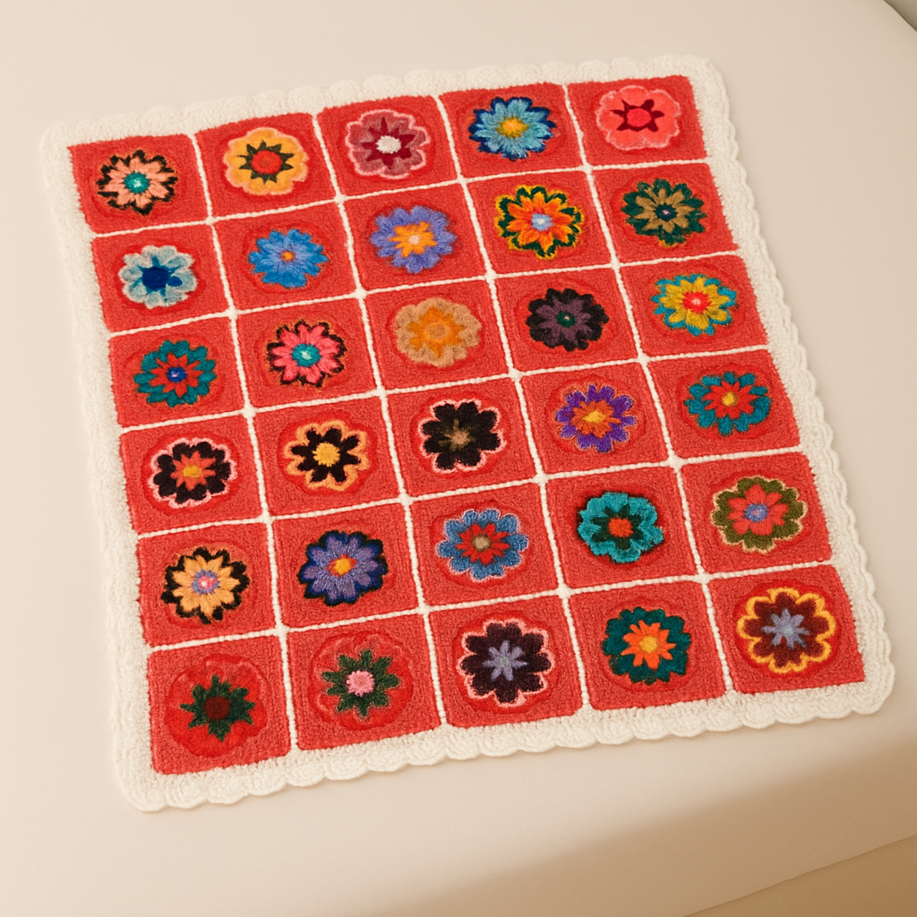 Couverture bébé en crochet – Rouge à motifs floraux multicolores