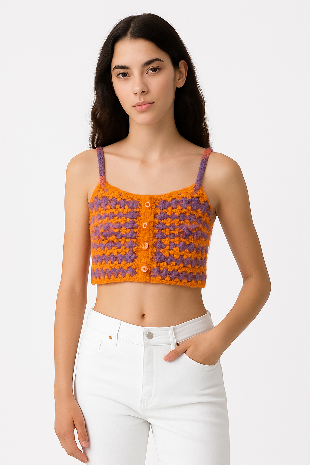 Top court en crochet orange et violet – Boutonné, fait main