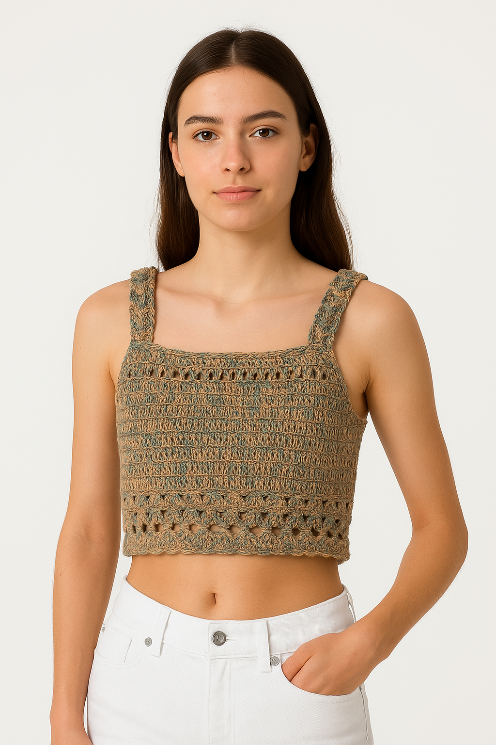 Top court en crochet naturel – Bretelles larges, fait main