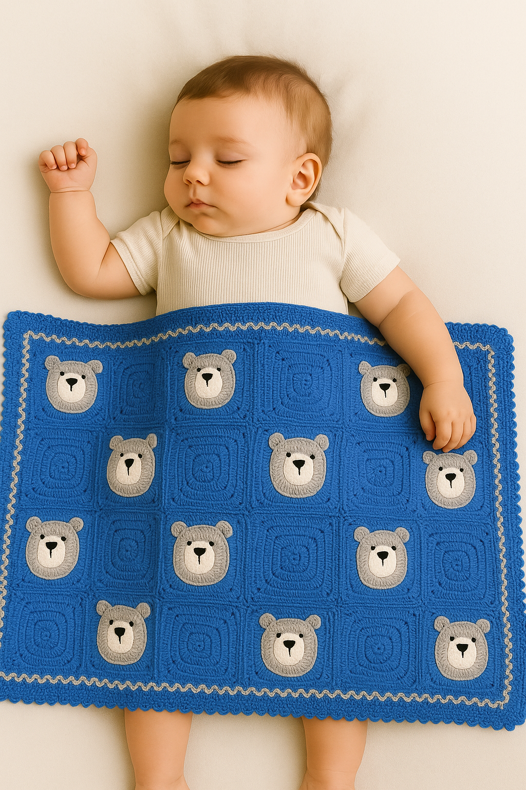 Couverture bébé en crochet – Bleu avec têtes d’oursons, fait main