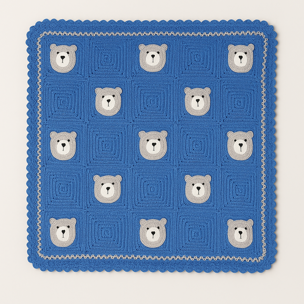 Couverture bébé en crochet – Bleu avec têtes d’oursons, fait main