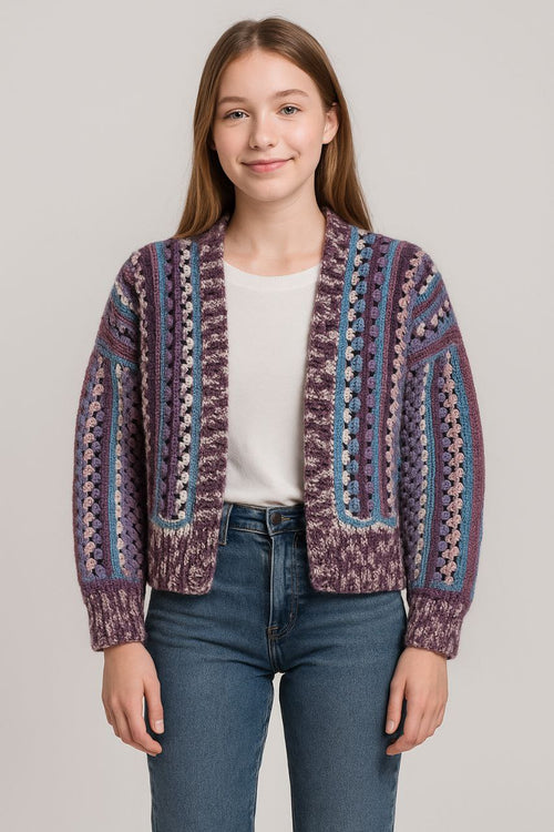 Cardigan en crochet violet chiné – Style vintage fait main