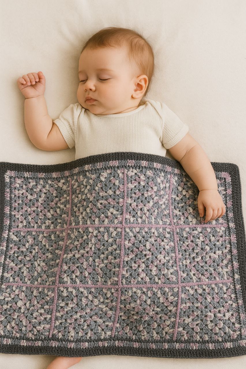 Couverture bébé en crochet – Tons doux gris & rose, fait main
