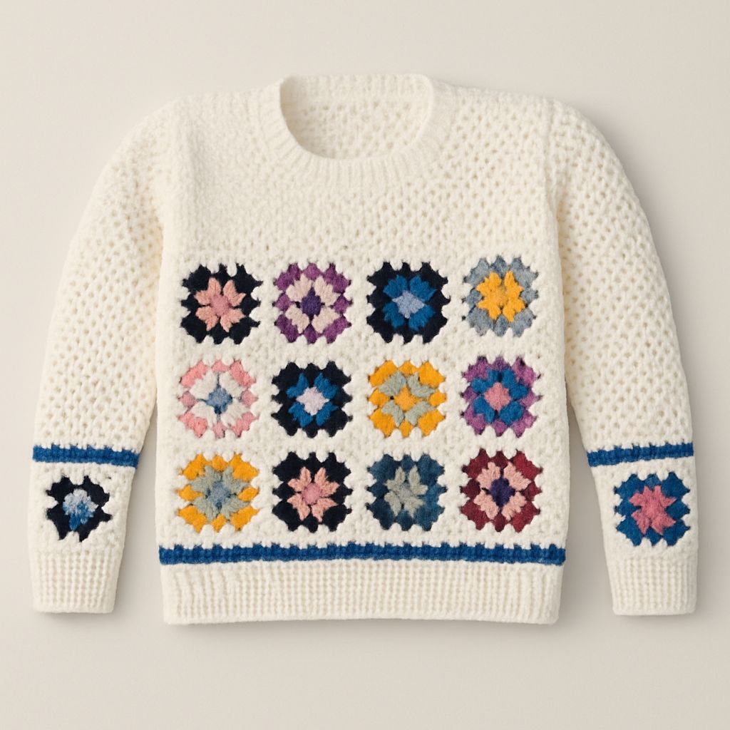 Pull en crochet blanc avec carrés colorés – Fait main