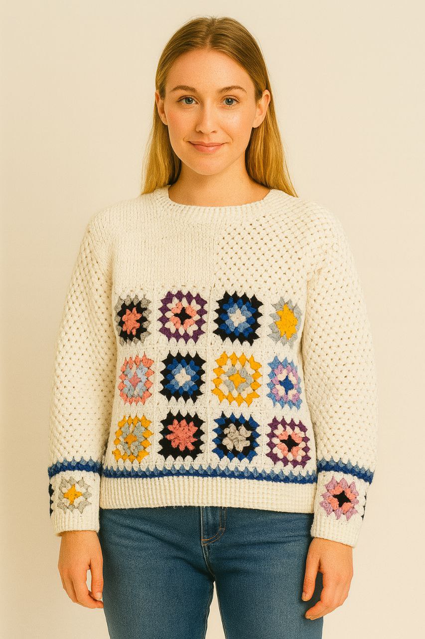 Pull en crochet blanc avec carrés colorés – Fait main