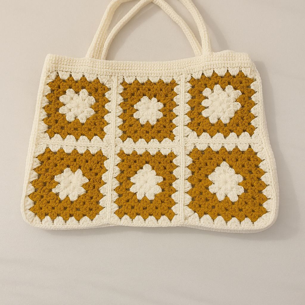 Sac cabas en crochet – moutarde & blanc