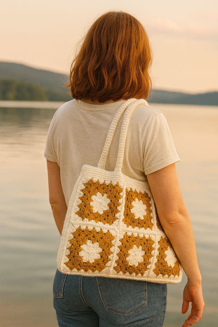 Sac cabas en crochet – moutarde & blanc