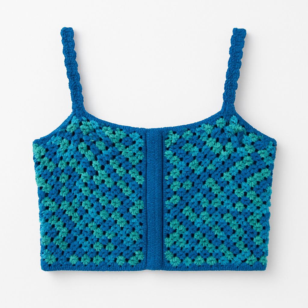 Top court en crochet bleu et vert – Bretelles fines, fait main